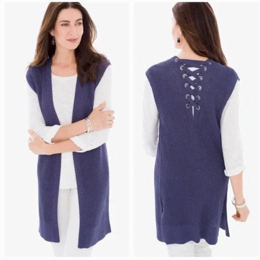 Chicos Sweater Tunic Womens Medium Blue Lace Up Sleeveless Knit Metallic Sparkle